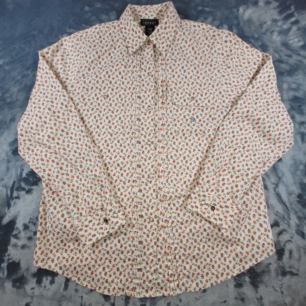 Lauren Ralph Lauren Floral Cotton Tuxedo Bib Snap Front Shirt Cream Red Blue L